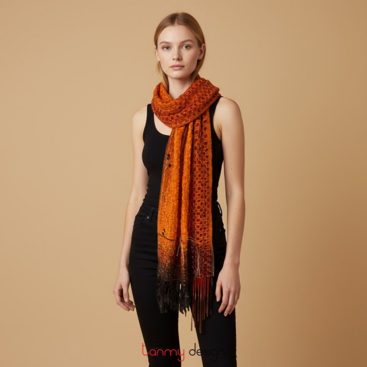 Orange Kim Long hand-knitted organza silk and velvet scarf with lazy buttons